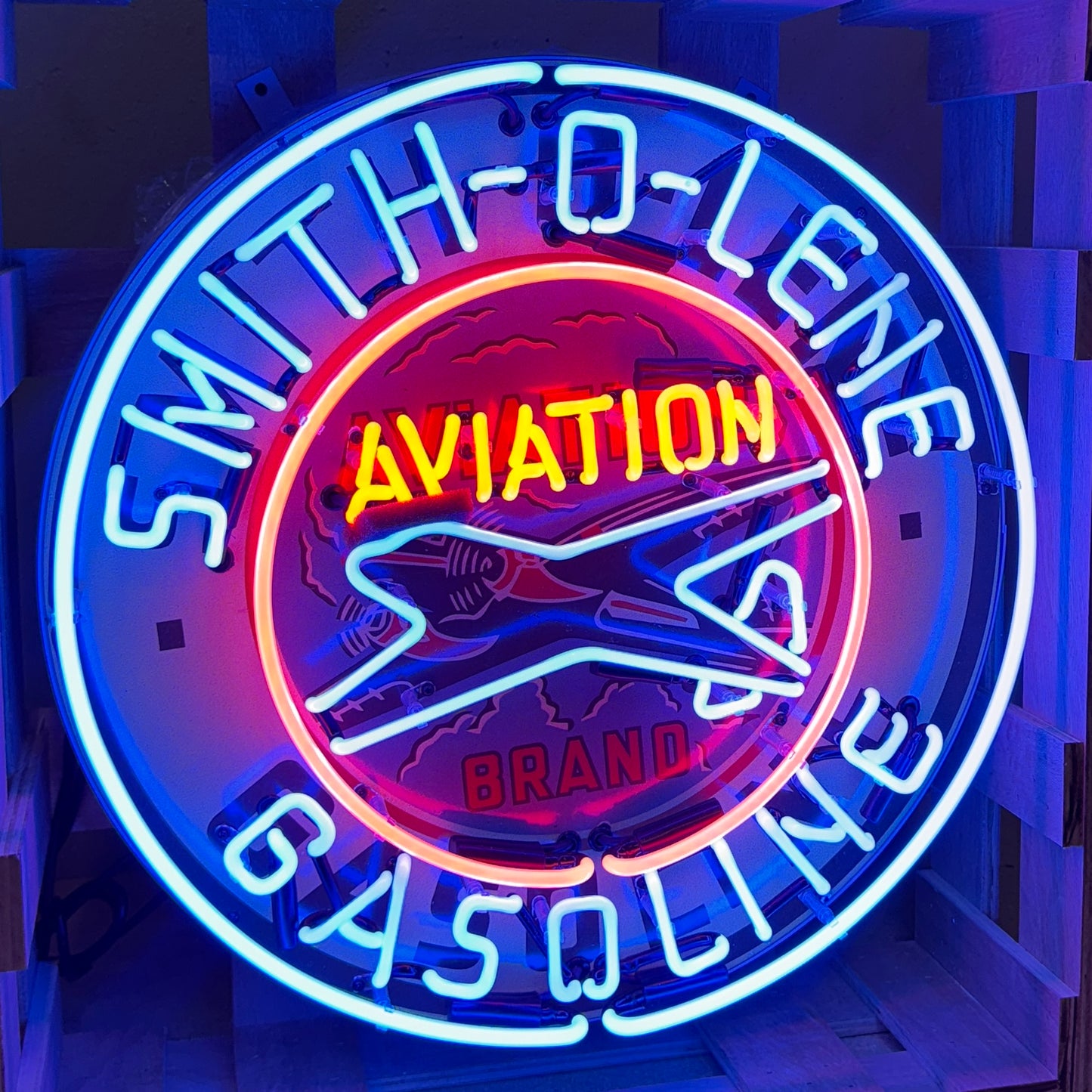Smith-O-Lene Aviation Gasoline Neon Porcelain Sign with Can