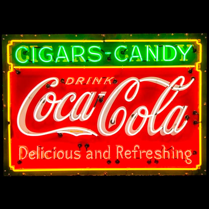Coca Cola Neon Porcelain Cigars & Candy — Real Glass & Enamel Antique Reproduction - Vintage Light Up Shop Advertising