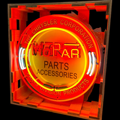 MoPar Chrysler Parts Division Neon Porcelain Sign with Can