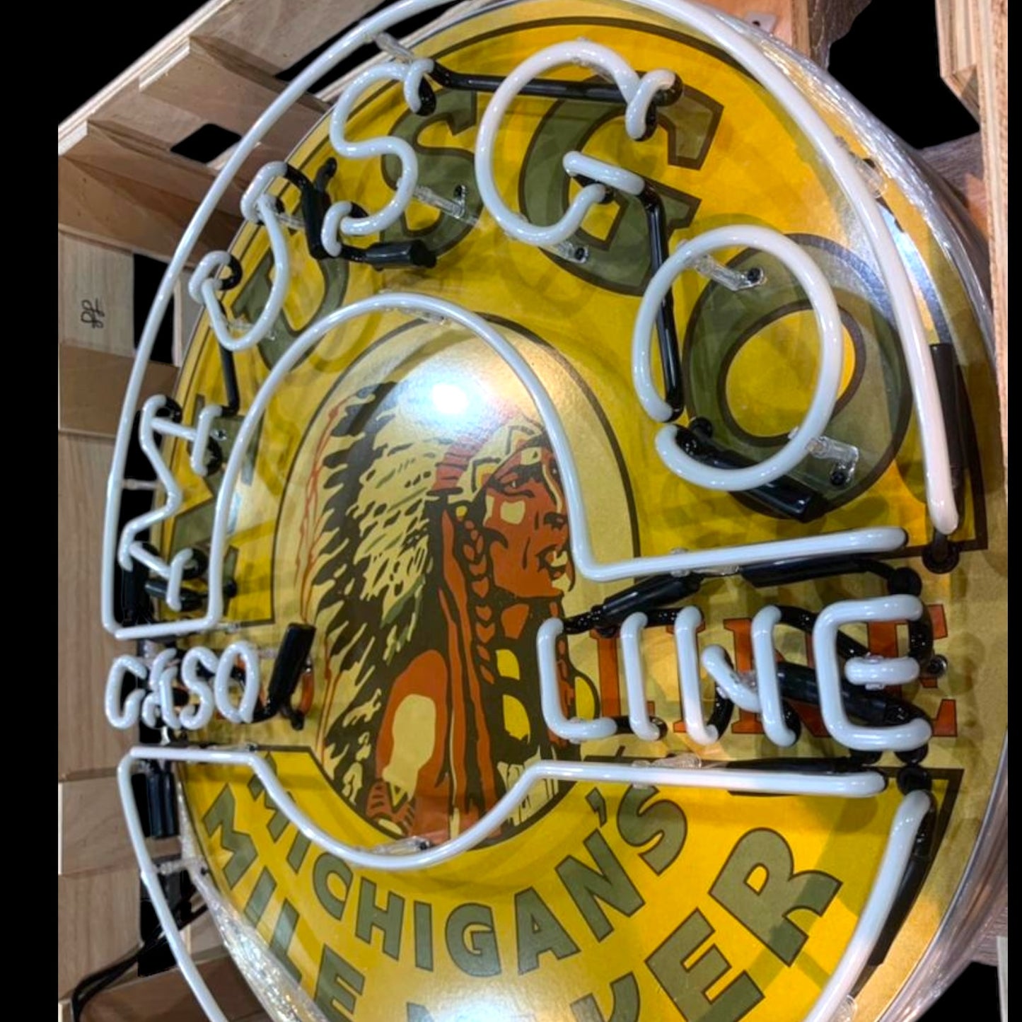 Musgo Gasoline Michigan Mile Maker Single-Sided Neon Porcelain Box Sign