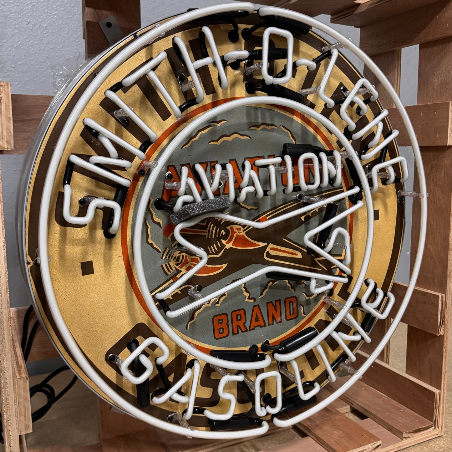 Smith-O-Lene Aviation Gasoline Neon Porcelain Sign with Can