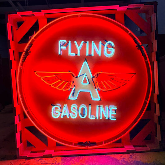 Flying A Gasoline Single-Sided Neon Porcelain Box Sign