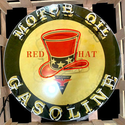 Red Hat Independent Motor Oil Neon Porcelain Enamel Sign