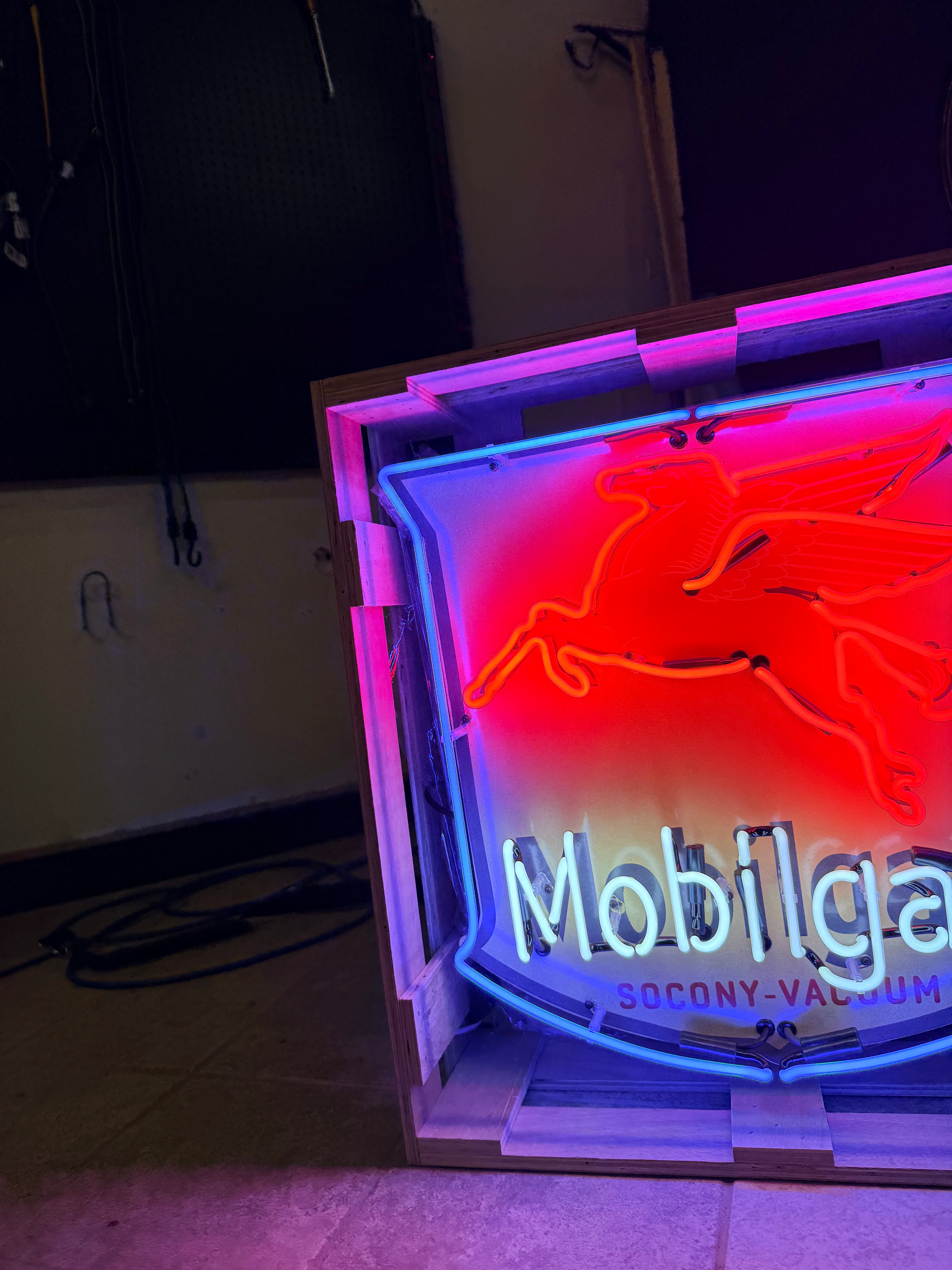 Mobilgas Socony-Vacuum Pegasus Shield Neon Porcelain Sign | Real