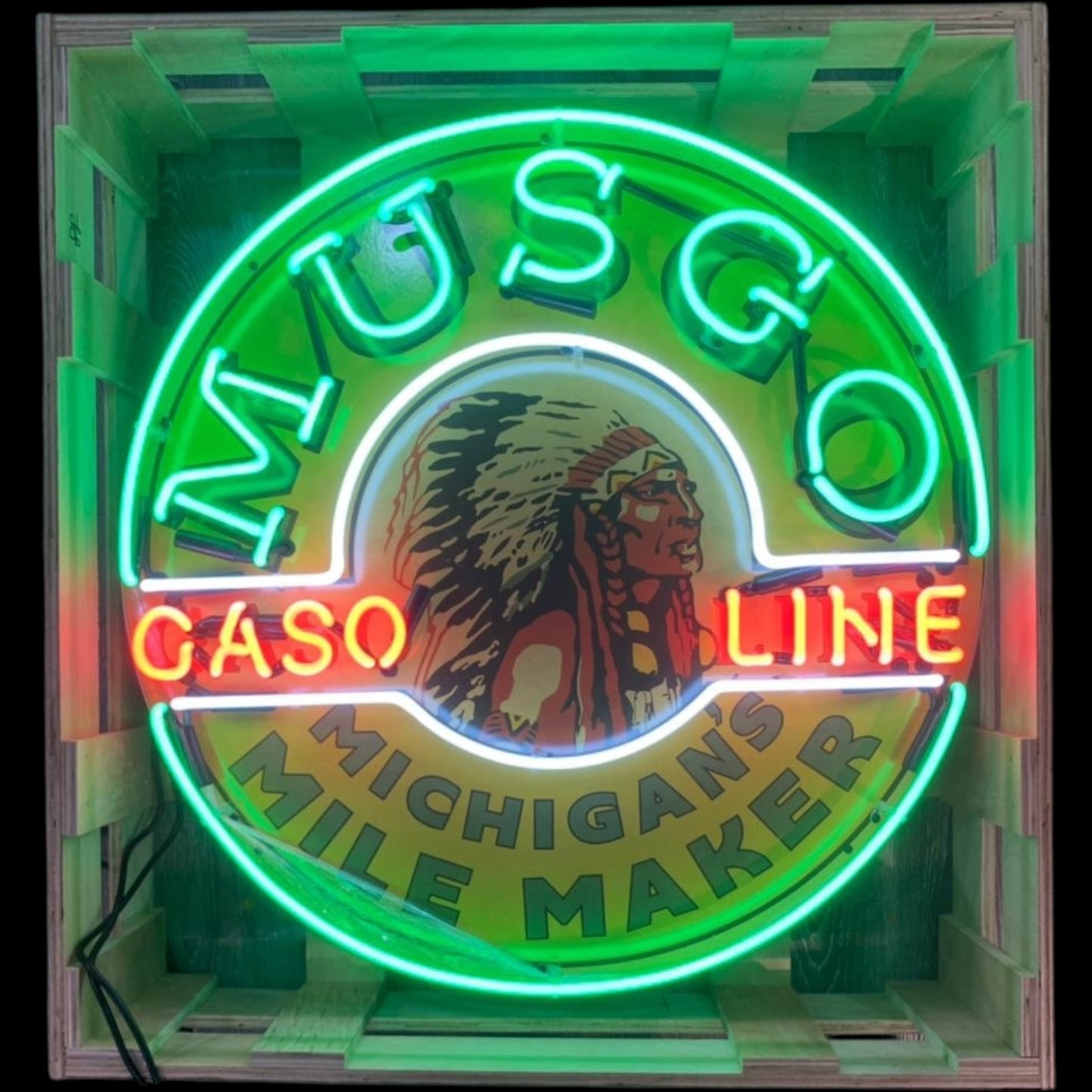 Musgo Gasoline Michigan Mile Maker Single-Sided Neon Porcelain Box Sign