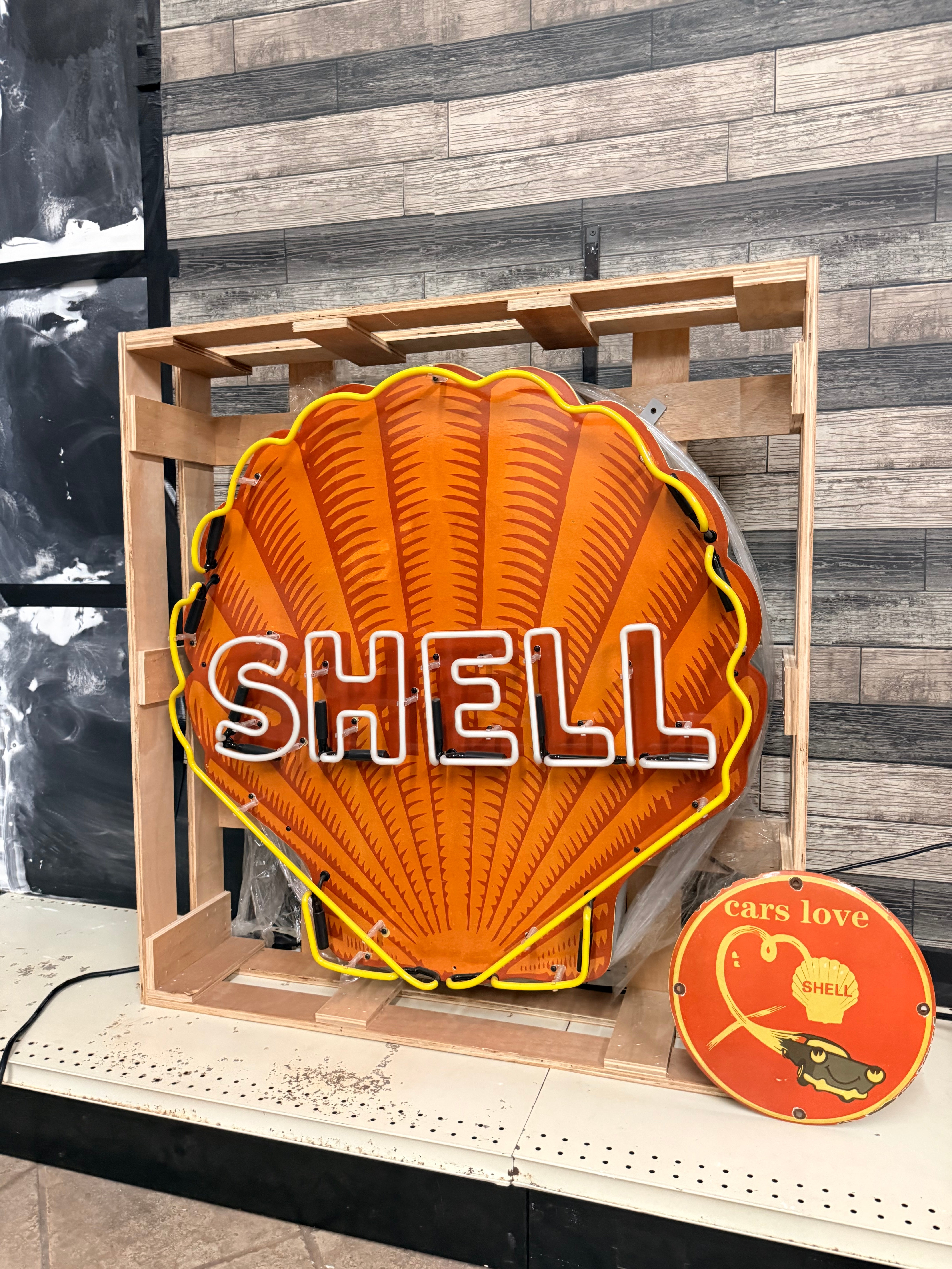 Shell Gasoline Scallop Neon Porcelain Die Cut Sign with Can