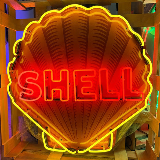 Shell Gasoline Scallop Neon Porcelain Die Cut Sign with Can