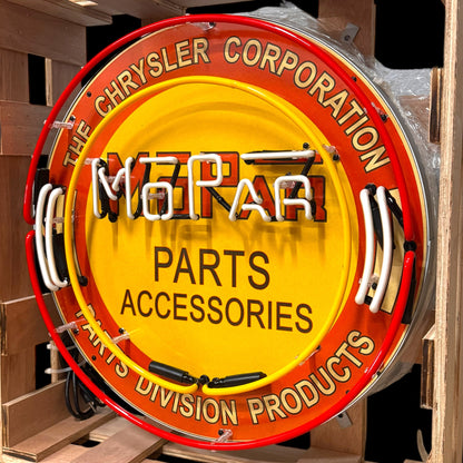 MoPar Chrysler Parts Division Neon Porcelain Sign with Can