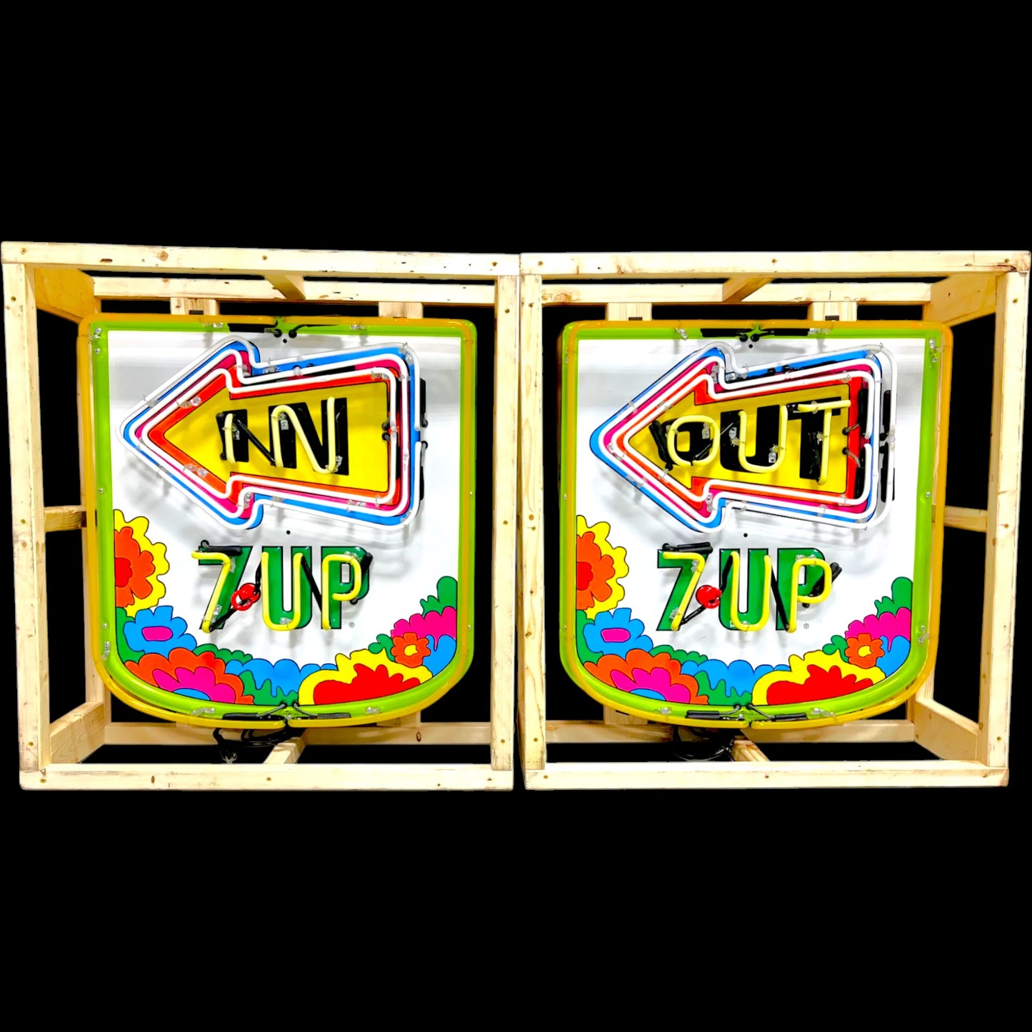 Pair of 7UP Uncola Neon "In & Out" Advertising Signs with Porcelain Enamel & Die Cut Can