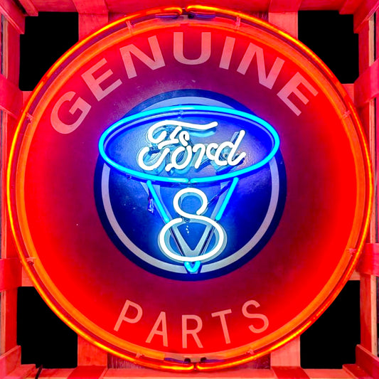 Genuine V8 Ford Parts Neon Porcelain Enamel Sign