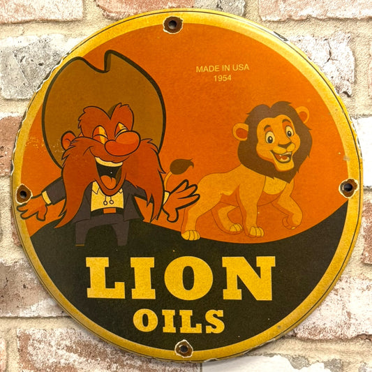 Lion Oils 1954 Authentic Porcelain Sign with Yosemite Sam & Vintage Cartoon Lion