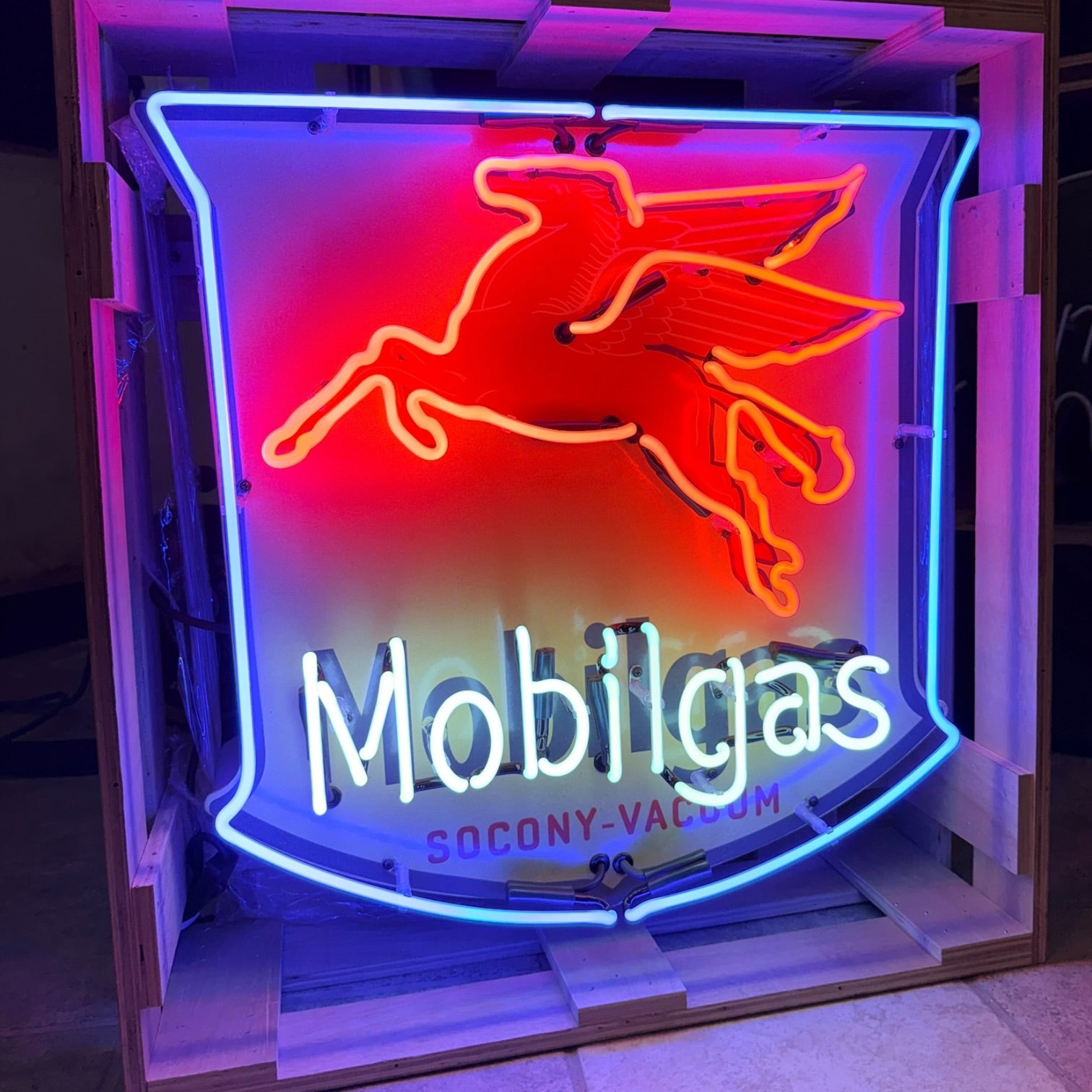 Mobilgas Socony-Vacuum Pegasus Shield Neon Porcelain Sign | Real