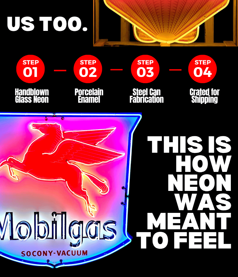 Process diagram for neon sign creation with Mobilgas logo and text 'US TOO.'
