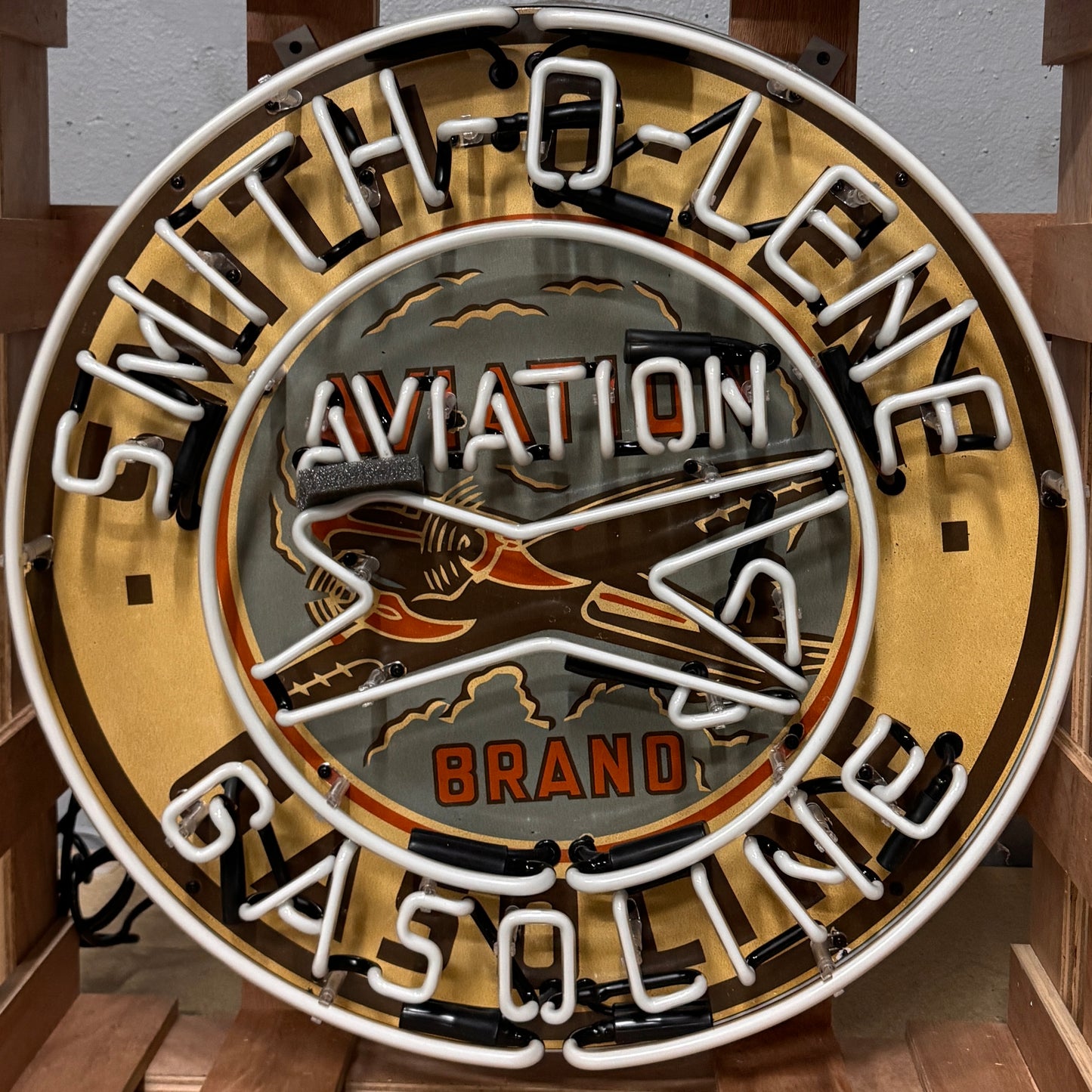 Smith-O-Lene Aviation Gasoline Neon Porcelain Sign with Can