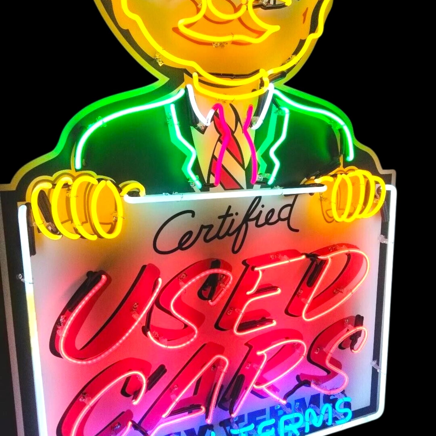 Easy Terms Real Neon Sign - Die Cut Used Car Salesman - Authentic Glass & Porcelain - Retro Automotive Advertising