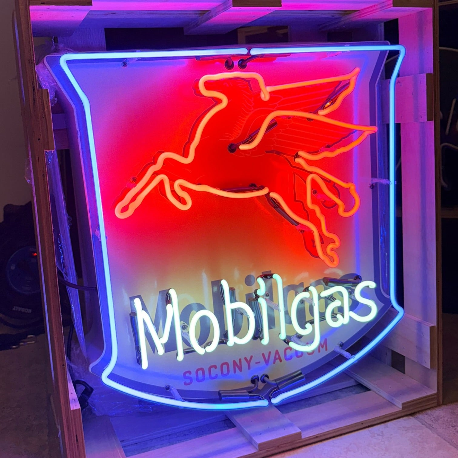 Mobilgas Socony-Vacuum Pegasus Shield Neon Porcelain Sign | Real