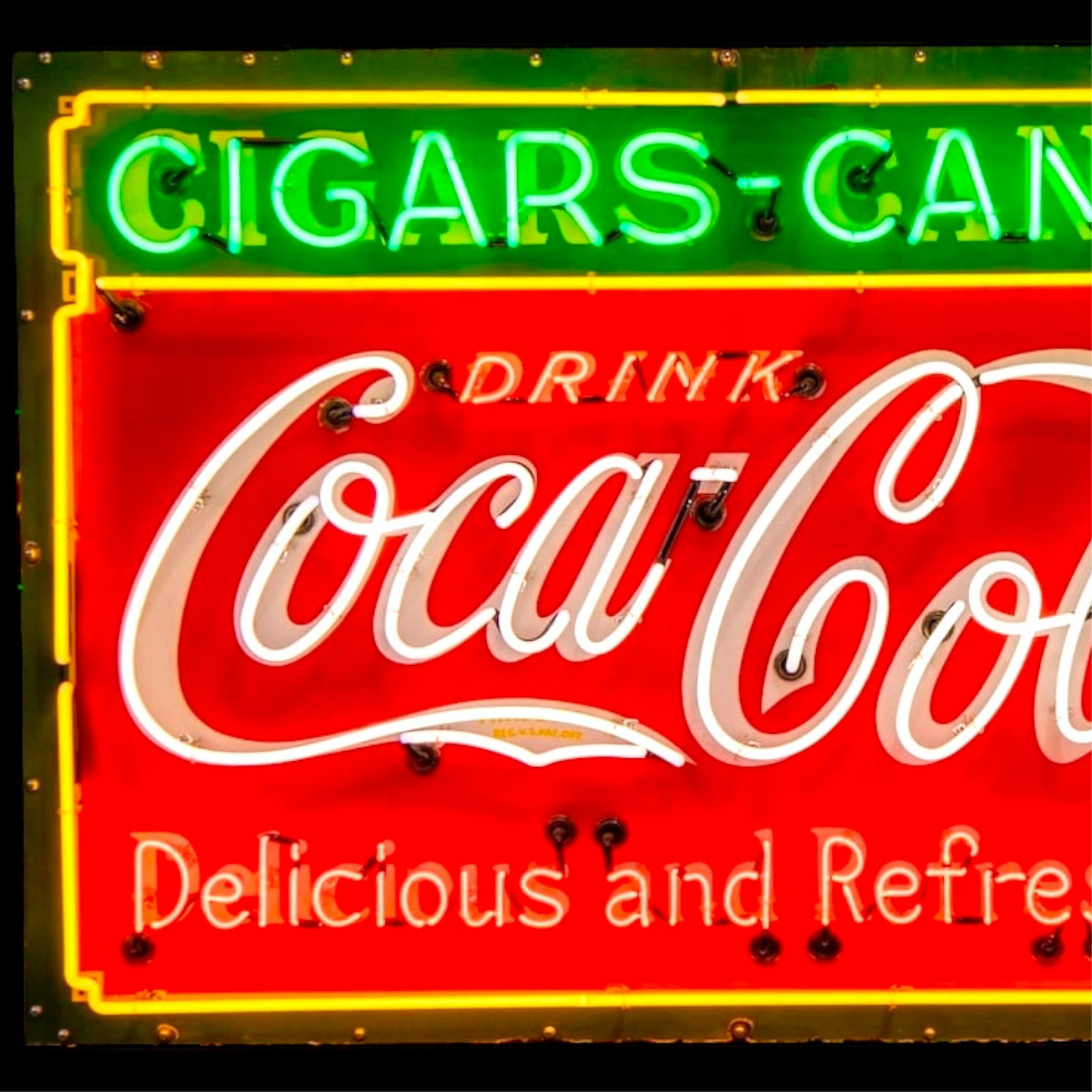 Coca Cola Neon Porcelain Cigars & Candy — Real Glass & Enamel Antique Reproduction - Vintage Light Up Shop Advertising