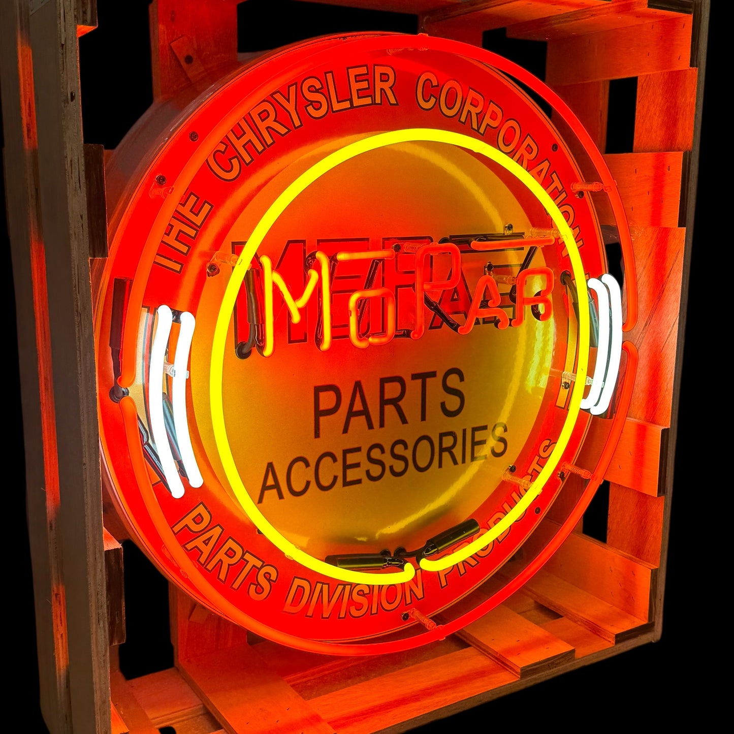 MoPar Chrysler Parts Division Neon Porcelain Sign with Can