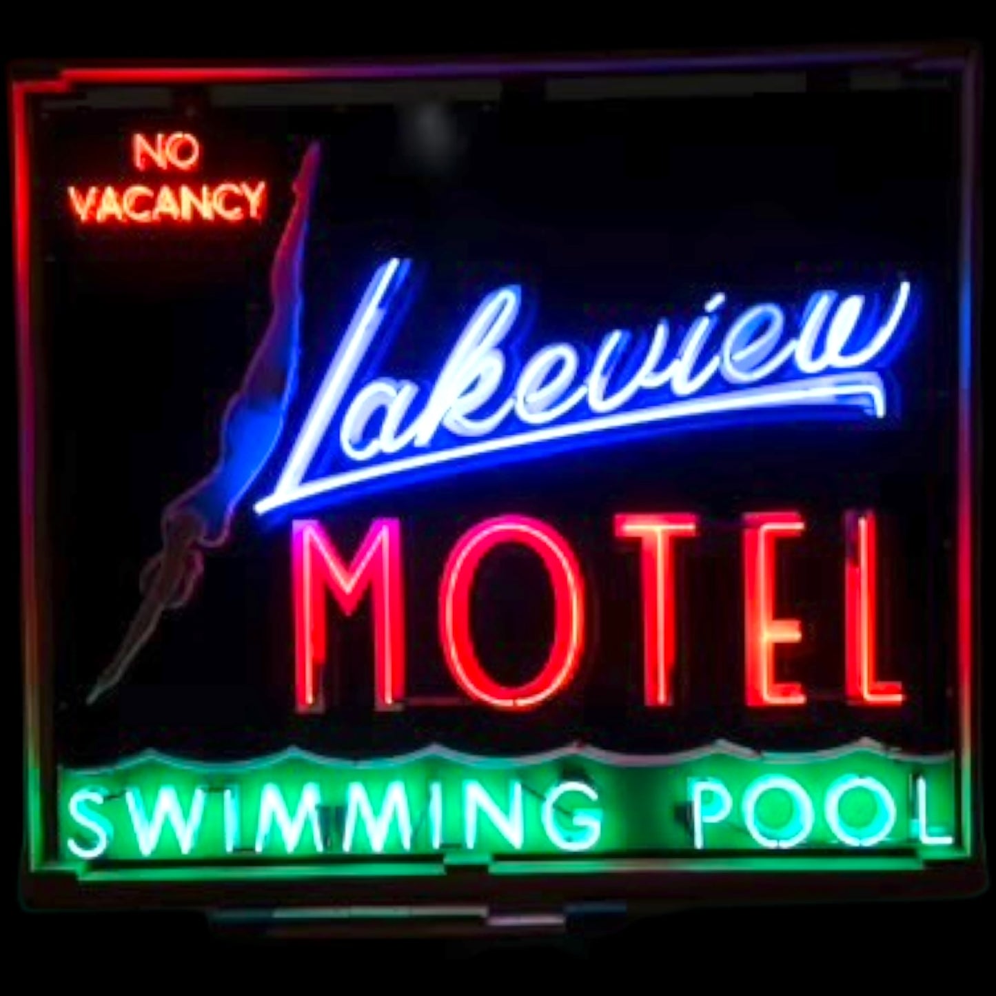 Lakeview Motel Glass Neon Porcelain Vintage Advertising Reproduction with Steel Can