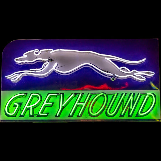 Greyhound Neon Porcelain Vintage Panel Sign with Steel Can