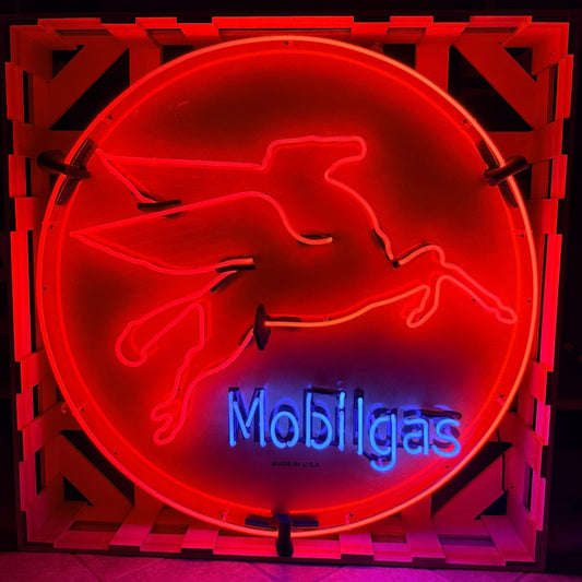Large Mobilgas Round Neon Porcelain - Vintage Pegasus Red Flying Horse - Glass Wall Light with Steel Can Gas Advertisement