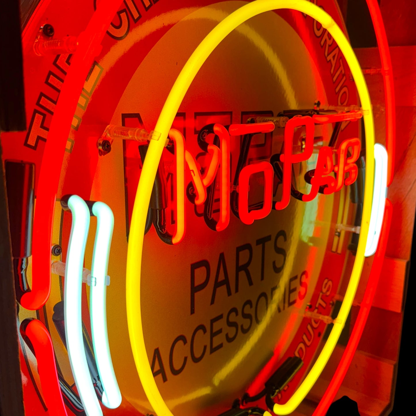 MoPar Chrysler Parts Division Neon Porcelain Sign with Can