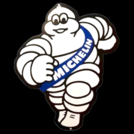 Michelin Man Bibendum Running Die Cut Porcelain Vintage Metal Sign