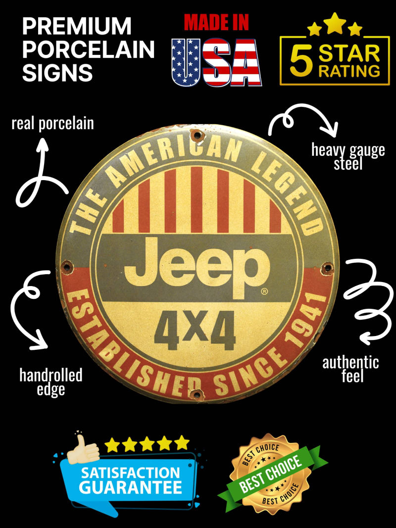 Decorative sign with Jeep logo and text on a black background