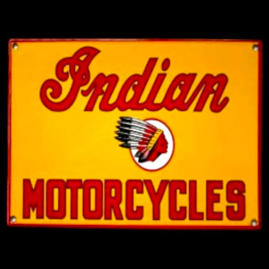 Indian Motorcycles porcelain enamel panel sign with yellow background and red lettering