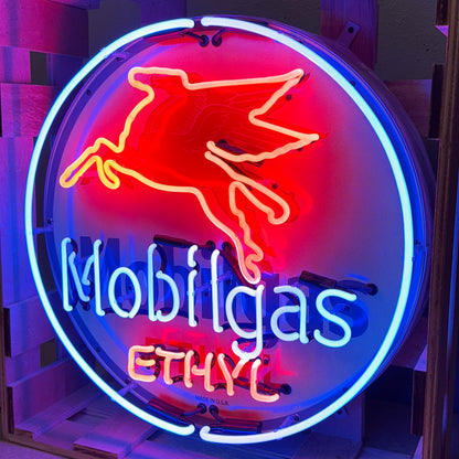 Real Glass Neon Porcelain Can - Vintage Mobilgas Ethyl Flying Winged Horse Pegasus - Old Light Up Gas Station Advertising Reproduction