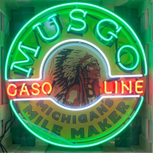 Musgo Gasoline Michigan Mile Maker Single-Sided Neon Porcelain Box Sign