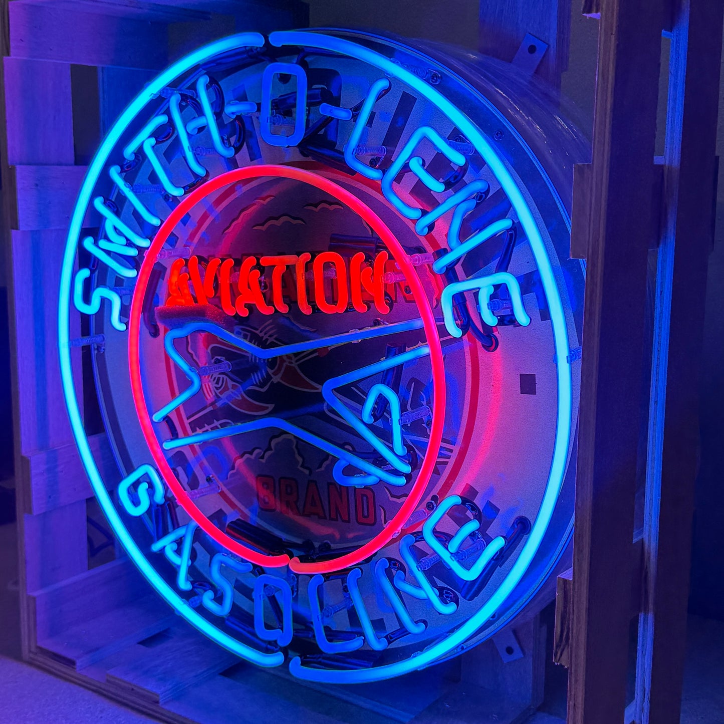 Smith-O-Lene Aviation Gasoline Neon Porcelain Sign with Can