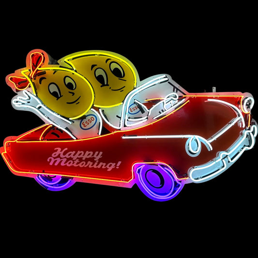 Esso Large Neon Sign - Die Cut Oil Drop Couple - Premium Glass & Porcelain with Can - Retro Gas Advertising