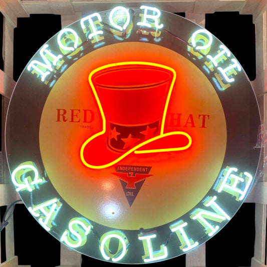 Red Hat Independent Motor Oil Neon Porcelain Enamel Sign