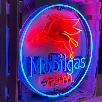 Real Glass Neon Porcelain Can - Vintage Mobilgas Ethyl Flying Winged Horse Pegasus - Old Light Up Gas Station Advertising Reproduction