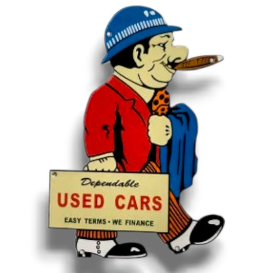 Dependable Used Cars Dealer Die Cut Porcelain Vintage Metal Sign