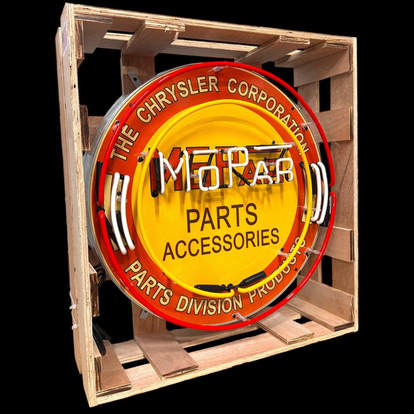 MoPar Chrysler Parts Division Neon Porcelain Sign with Can