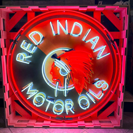 Red Indian Motor Oils Single-Sided Neon Porcelain Box Sign