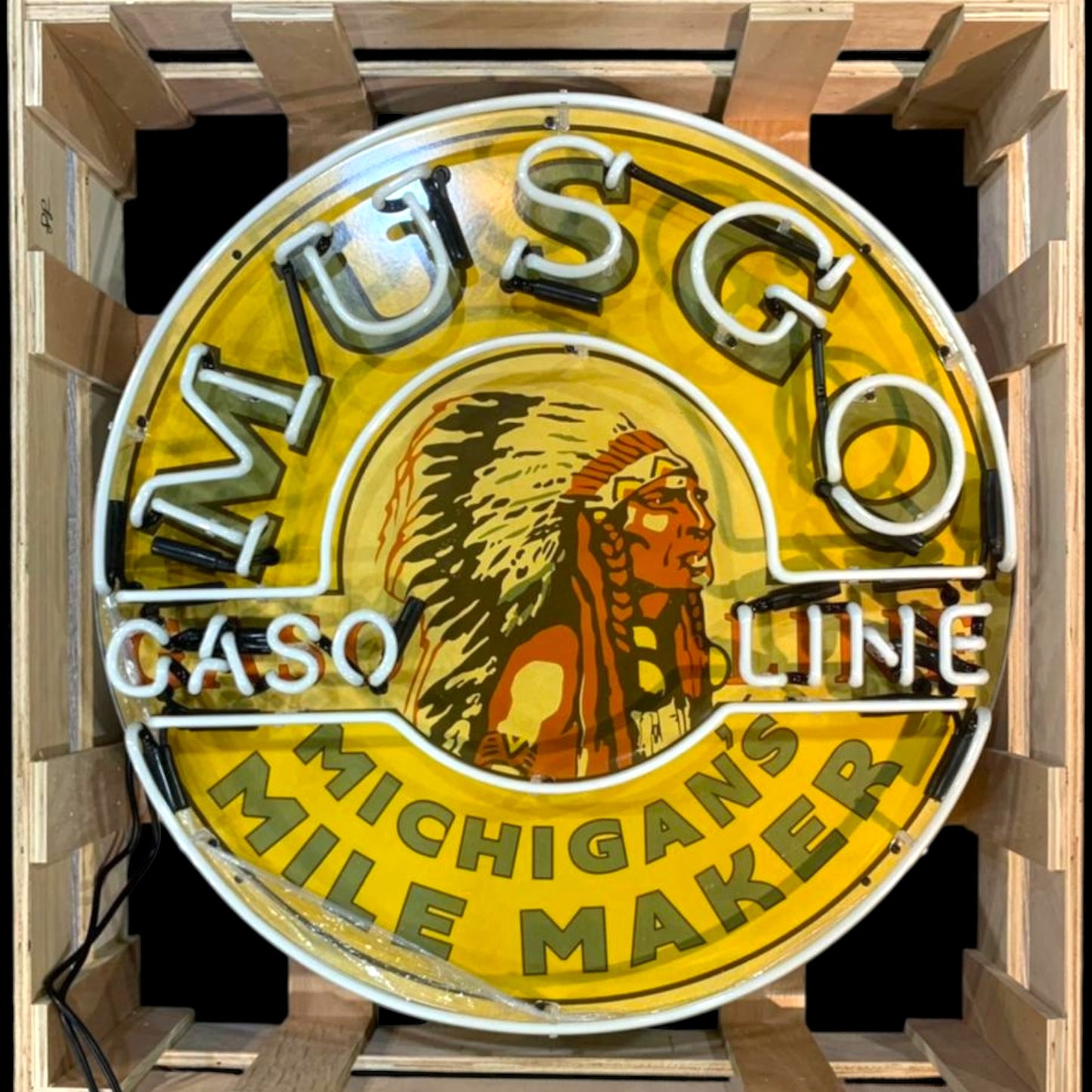 Musgo Gasoline Michigan Mile Maker Single-Sided Neon Porcelain Box Sign