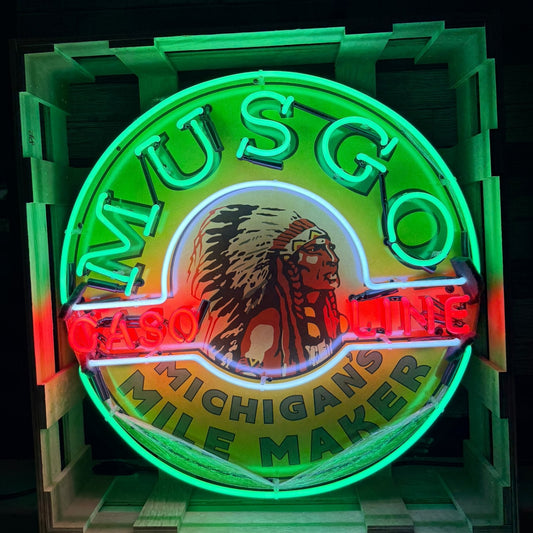 Musgo Gasoline Michigan Mile Maker Single-Sided Neon Porcelain Box Sign