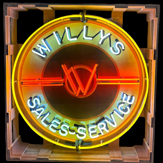 Willys jeep vintage American automotive glass neon sign lit up glowing mounted inside wooden crate