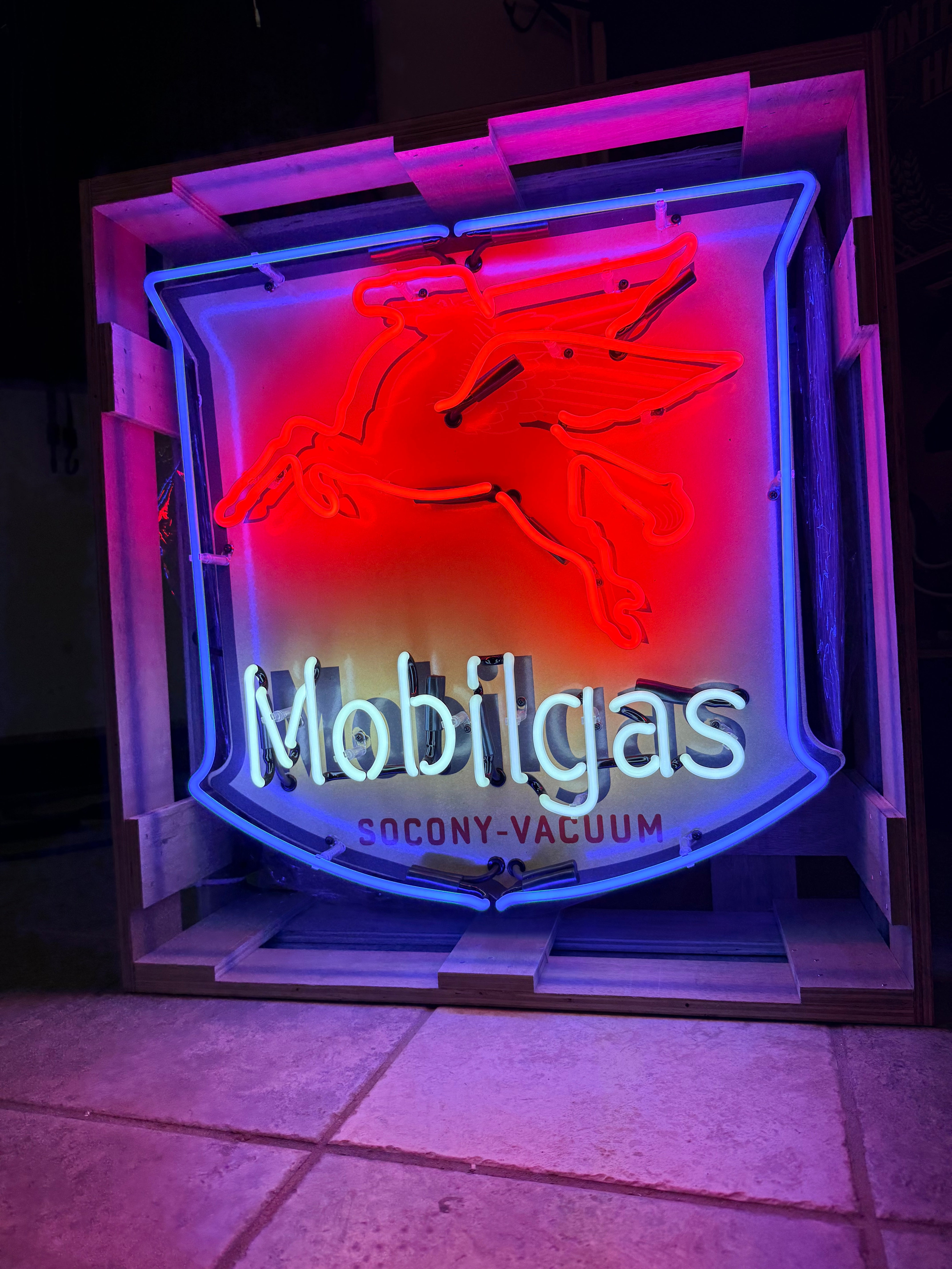 Mobilgas Socony-Vacuum Pegasus Shield Neon Porcelain Sign | Real