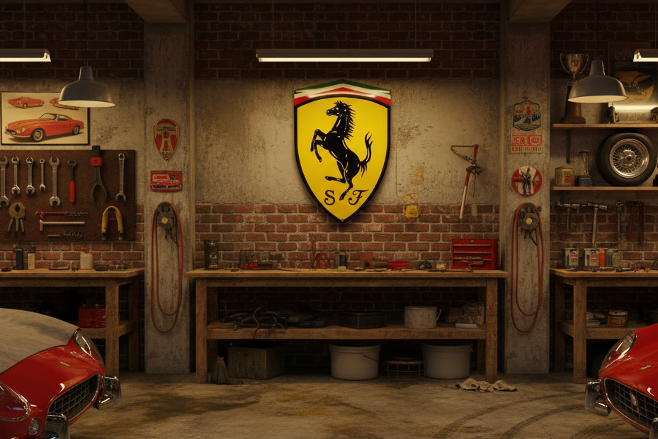 Original porcelain enamel Ferrari emblem die cut shield with prancing horse symbol on wall of classic car garage