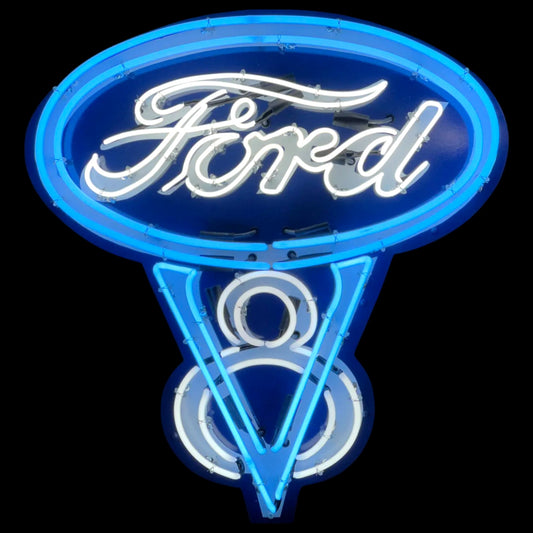 Ford V8 Die Cut Neon Sign - Real Glass, Porcelain, Metal Can - Emblem Logo