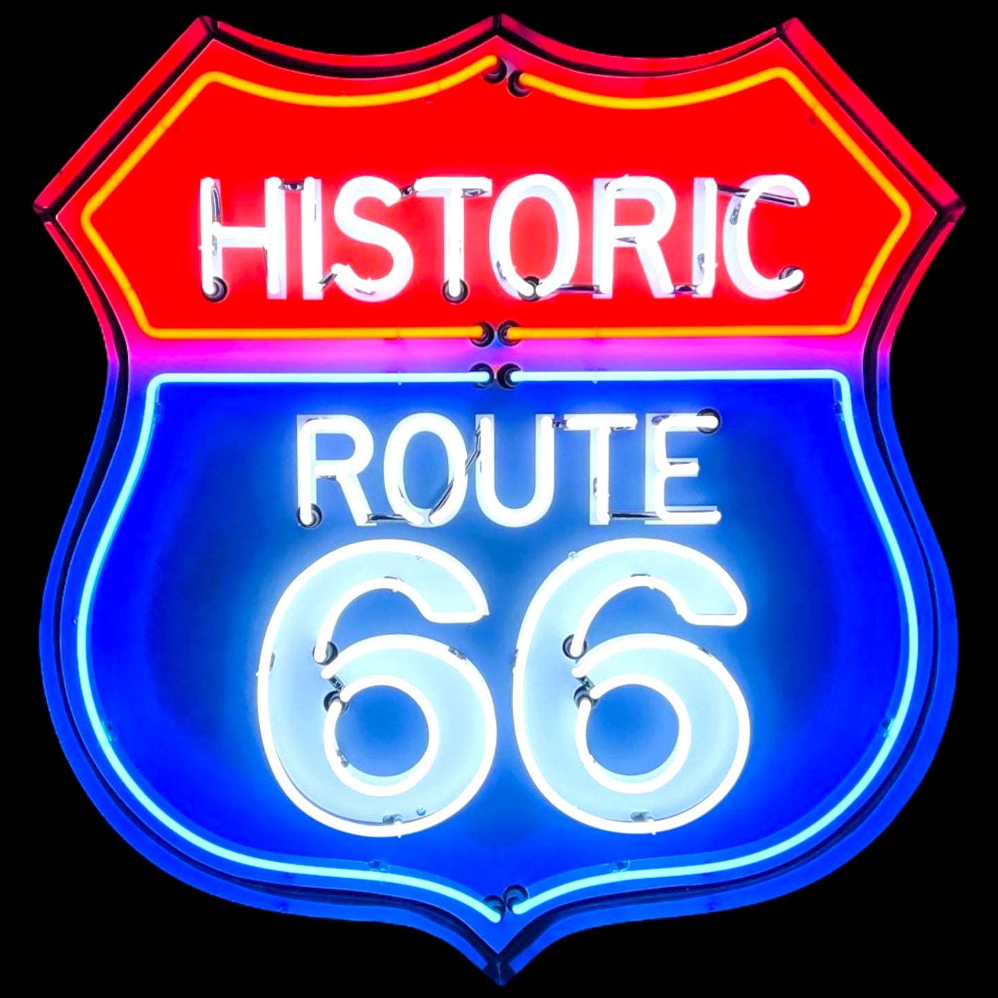 Glowing iconic highway road sign with a die cut shield design glowing with History Route 66
