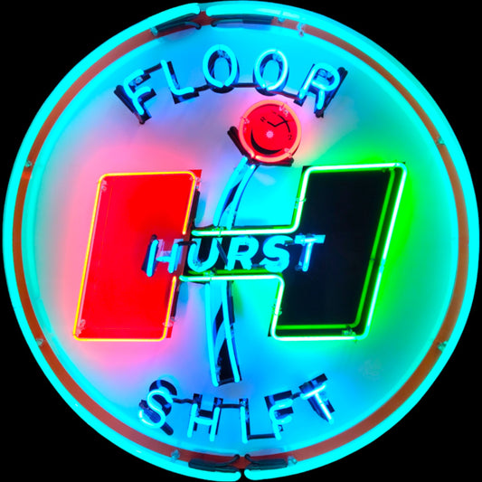 Glowing neon sign with iconic vintage design from automotive history Hurst floor shift
