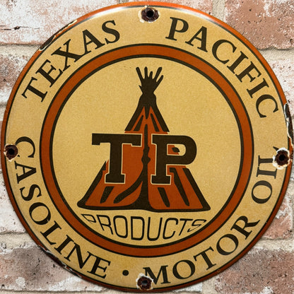 Texas Pacific TP Gasoline Motor Oil Porcelain Enamel Sign (12in)