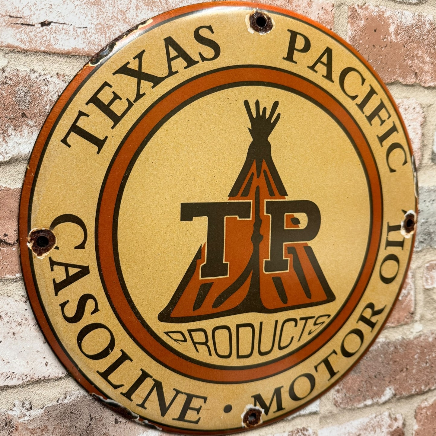Texas Pacific TP Gasoline Motor Oil Porcelain Enamel Sign (12in)