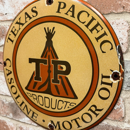 Texas Pacific TP Gasoline Motor Oil Porcelain Enamel Sign (12in)