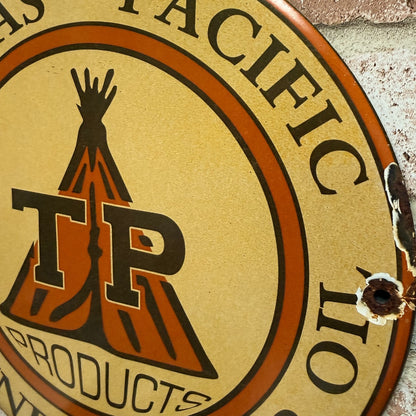 Texas Pacific TP Gasoline Motor Oil Porcelain Enamel Sign (12in)